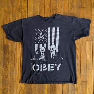 Obey 00's Skater Grunge Cyber Goth Skeleton Goverment Flag Shirt